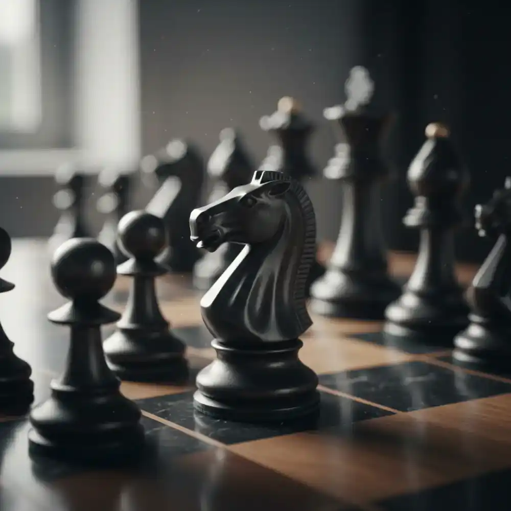 Close up of a chess board with focus on a knight