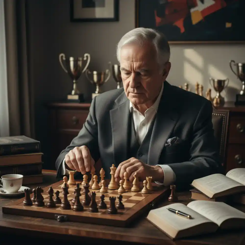 Grandmaster analyzing a complex chess position